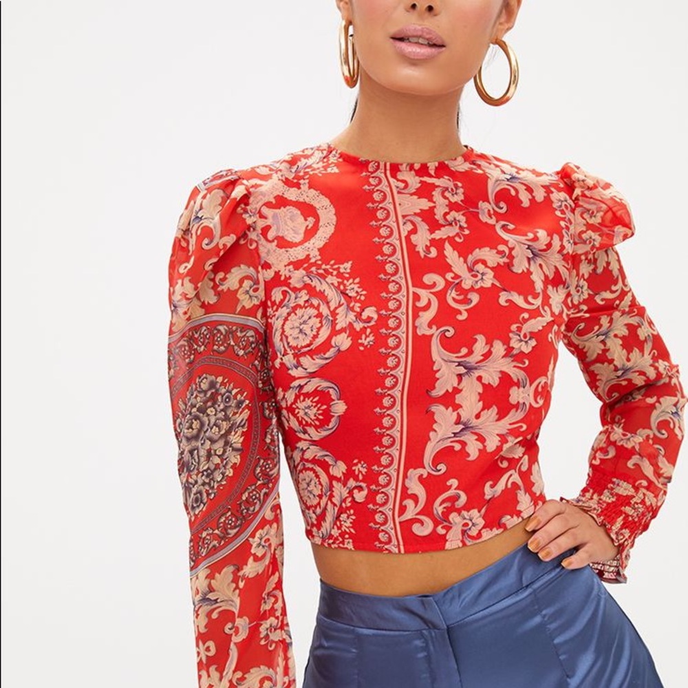 PLT red baroque print puff sleeve tie back shirt